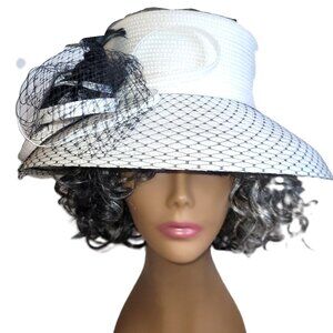 Vintage Giovannio New York White Straw Black Net Wide Brim Feather Dress Hat